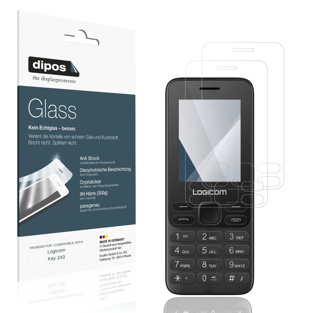 Klare Displayschutzfolie von dipos passend für Logicom Kay 243, 9H kratzfest und blasenfrei montiert