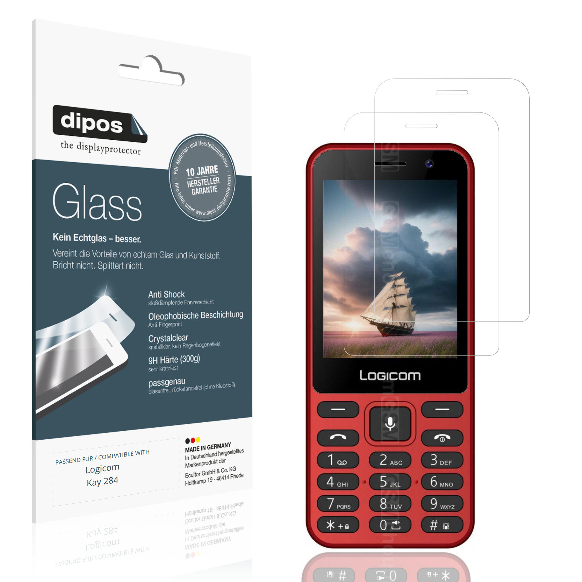 Klare Displayschutzfolie von dipos passend für Logicom Kay 284, 9H kratzfest und blasenfrei montiert