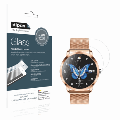 Klare Displayschutzfolie von dipos passend für LWEARKD 1.27 Zoll AMOLED Smartwatch, 9H kratzfest und blasenfrei montiert