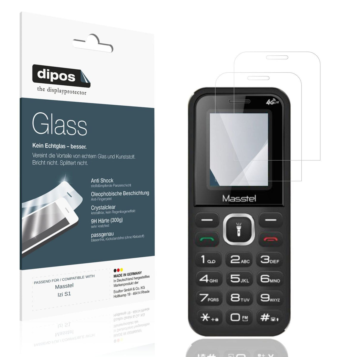 Klare Displayschutzfolie von dipos passend für Masstel Izi S1, 9H kratzfest und blasenfrei montiert