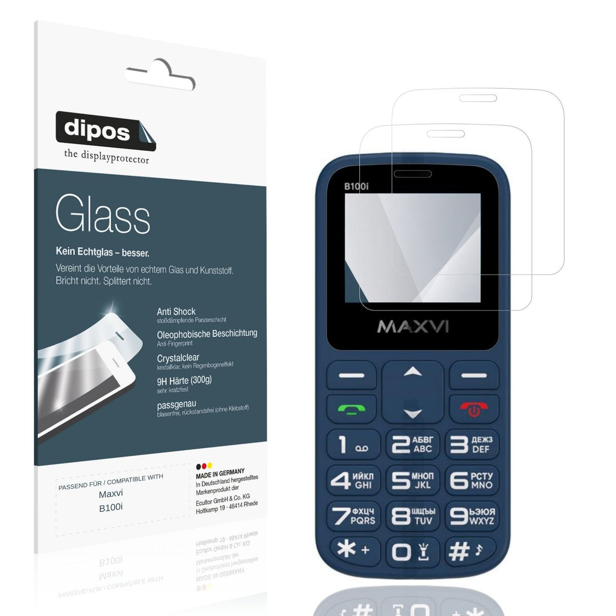 Klare Displayschutzfolie von dipos passend für Maxvi B100i, 9H kratzfest und blasenfrei montiert
