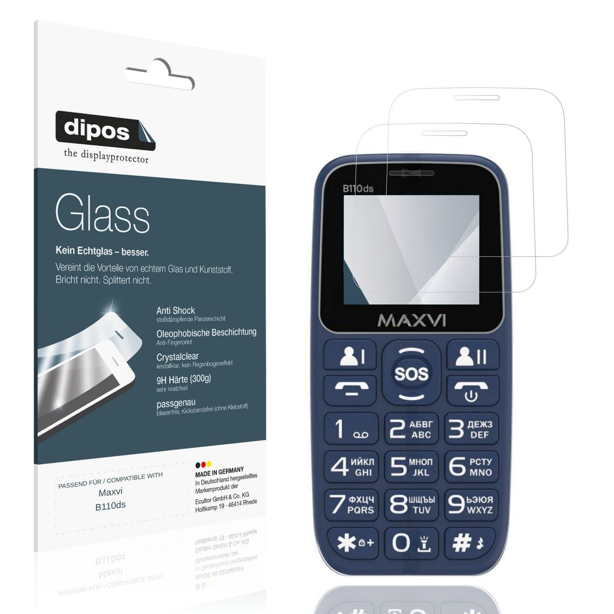 Klare Displayschutzfolie von dipos passend für Maxvi B110ds, 9H kratzfest und blasenfrei montiert