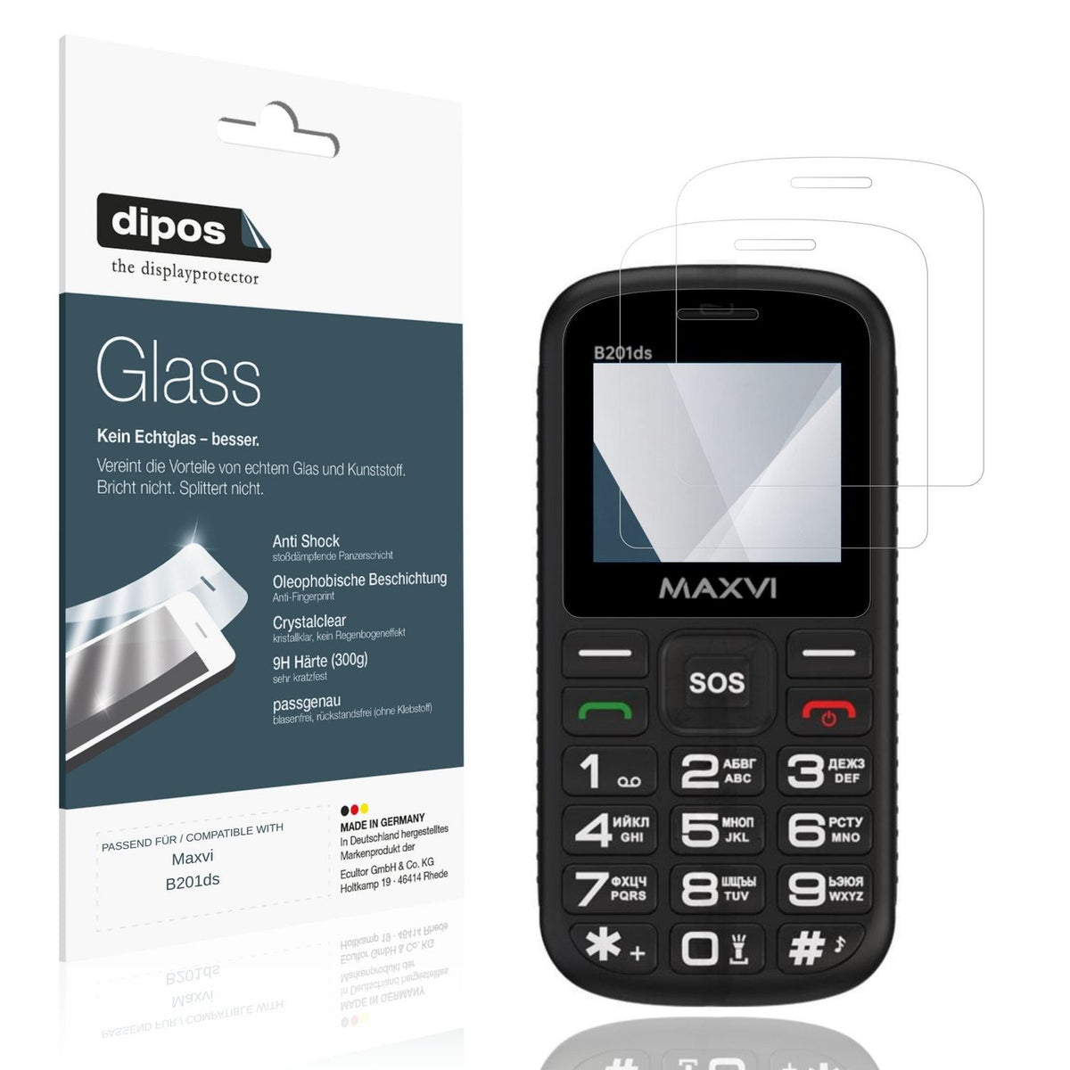 Klare Displayschutzfolie von dipos passend für Maxvi B201ds, 9H kratzfest und blasenfrei montiert