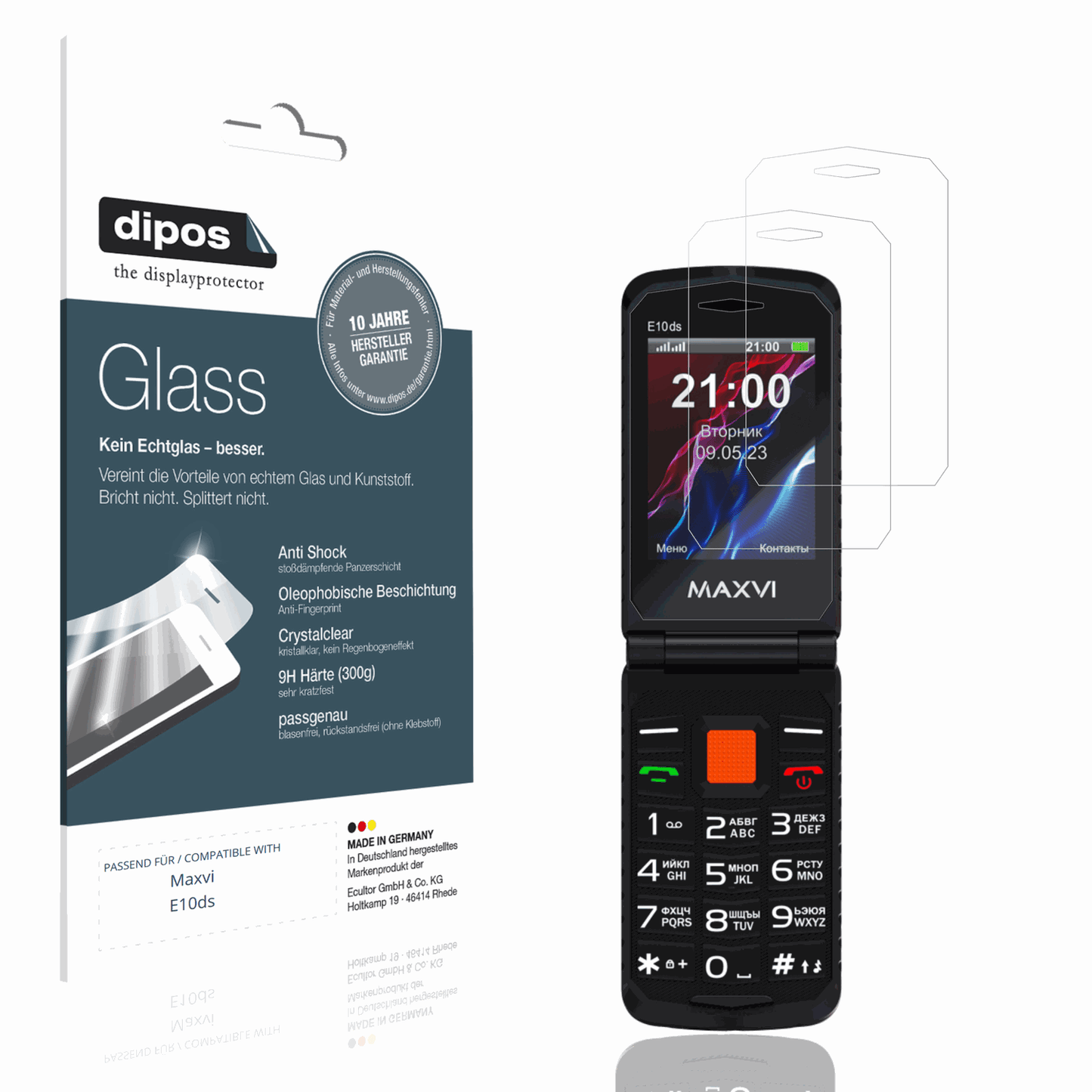 Klare Displayschutzfolie von dipos passend für Maxvi E10ds, 9H kratzfest und blasenfrei montiert