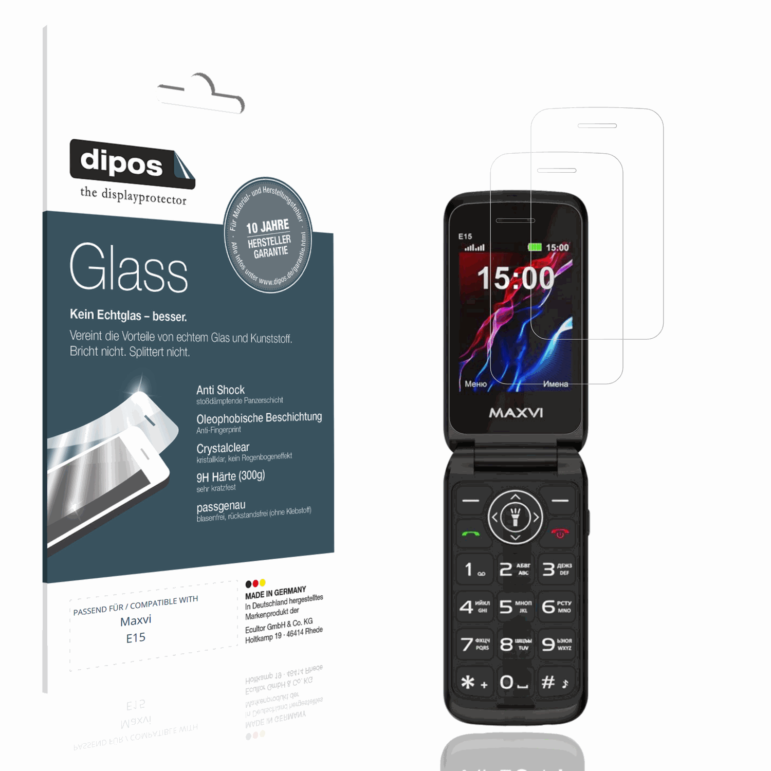 Klare Displayschutzfolie von dipos passend für Maxvi E15, 9H kratzfest und blasenfrei montiert