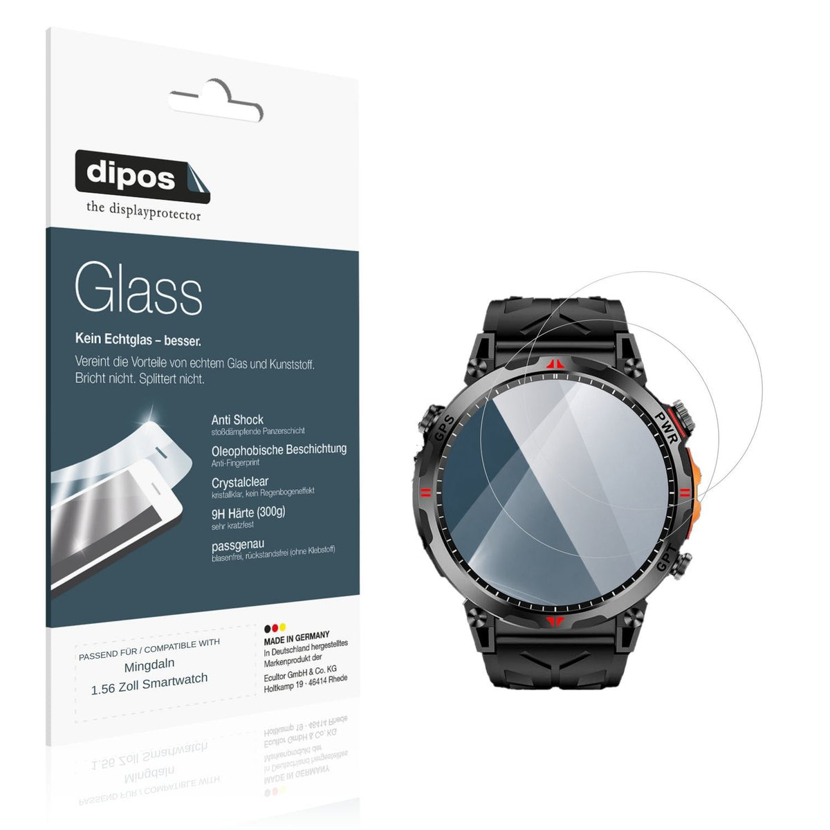 Klare Displayschutzfolie von dipos passend für Mingdaln 1.56 Zoll Smartwatch, 9H kratzfest und blasenfrei montiert