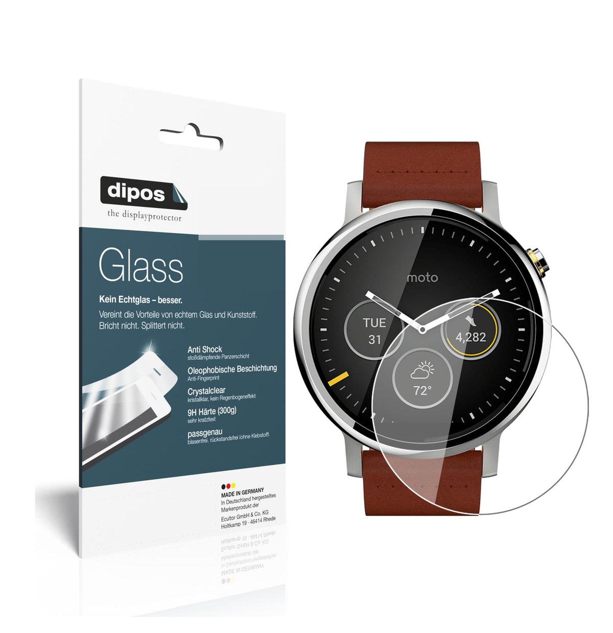 Klare Displayschutzfolie von dipos passend für Motorola Moto 360 (2019), 9H kratzfest und blasenfrei montiert