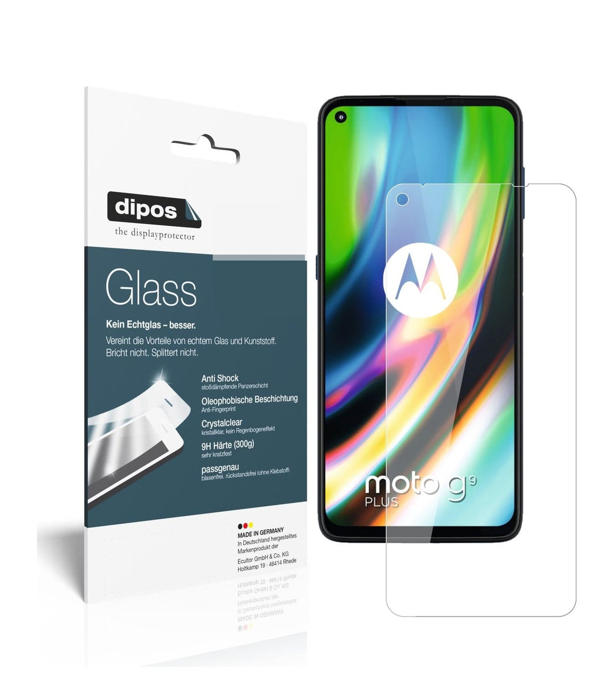 Klare Displayschutzfolie von dipos passend für Motorola Moto G9 Plus, 9H kratzfest und blasenfrei montiert