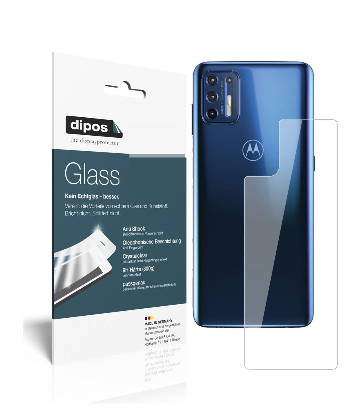 Klare Displayschutzfolie von dipos passend für Motorola Moto G9 Plus Rückseite, 9H kratzfest und blasenfrei montiert