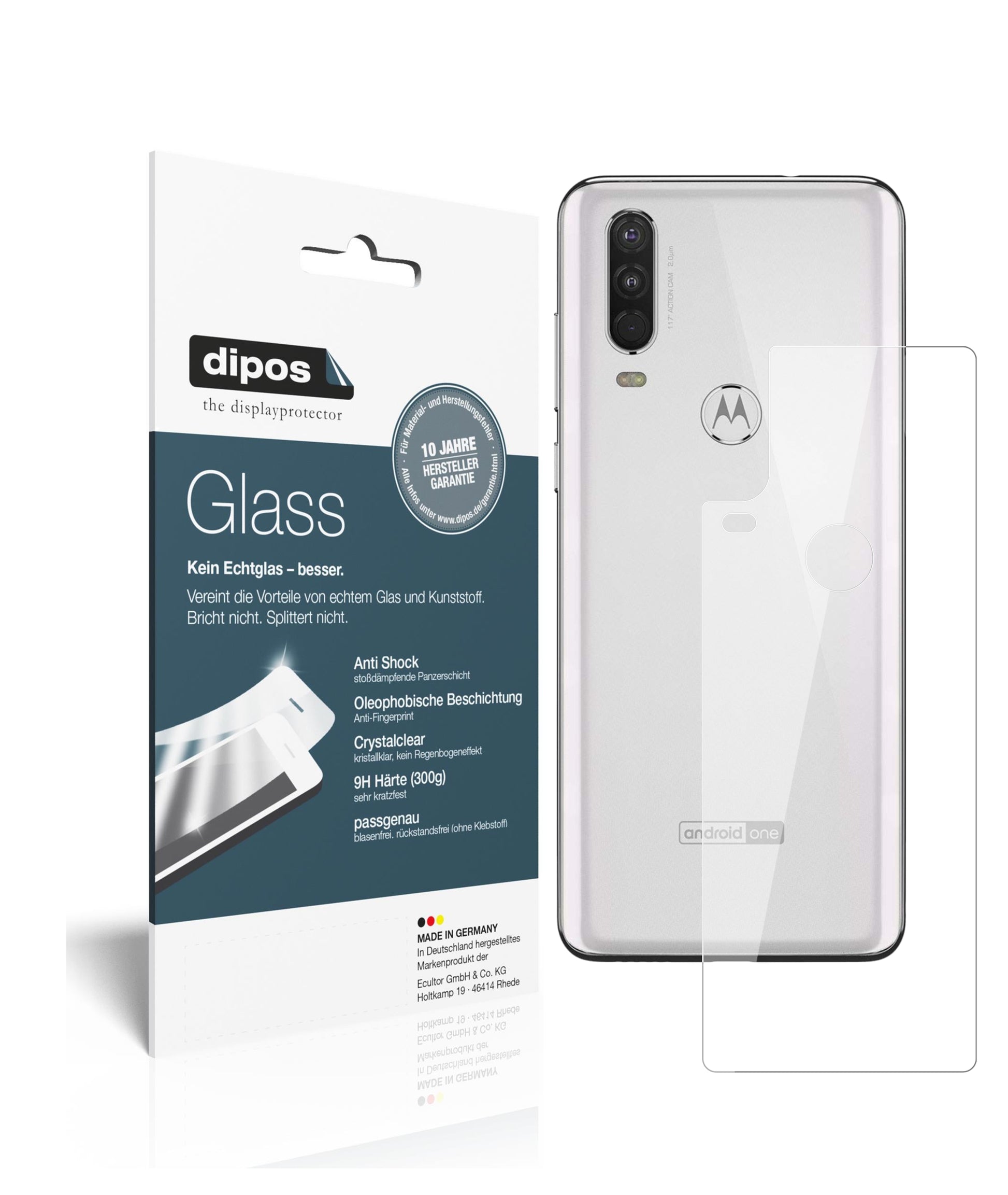 Klare Displayschutzfolie von dipos passend für Motorola One Action Rückseite, 9H kratzfest und blasenfrei montiert