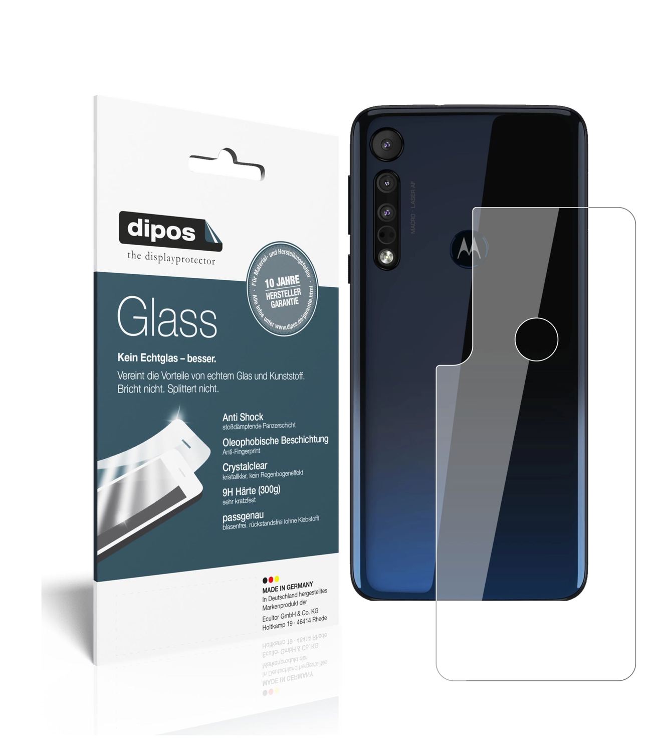 Klare Displayschutzfolie von dipos passend für Motorola One Macro Rückseite, 9H kratzfest und blasenfrei montiert