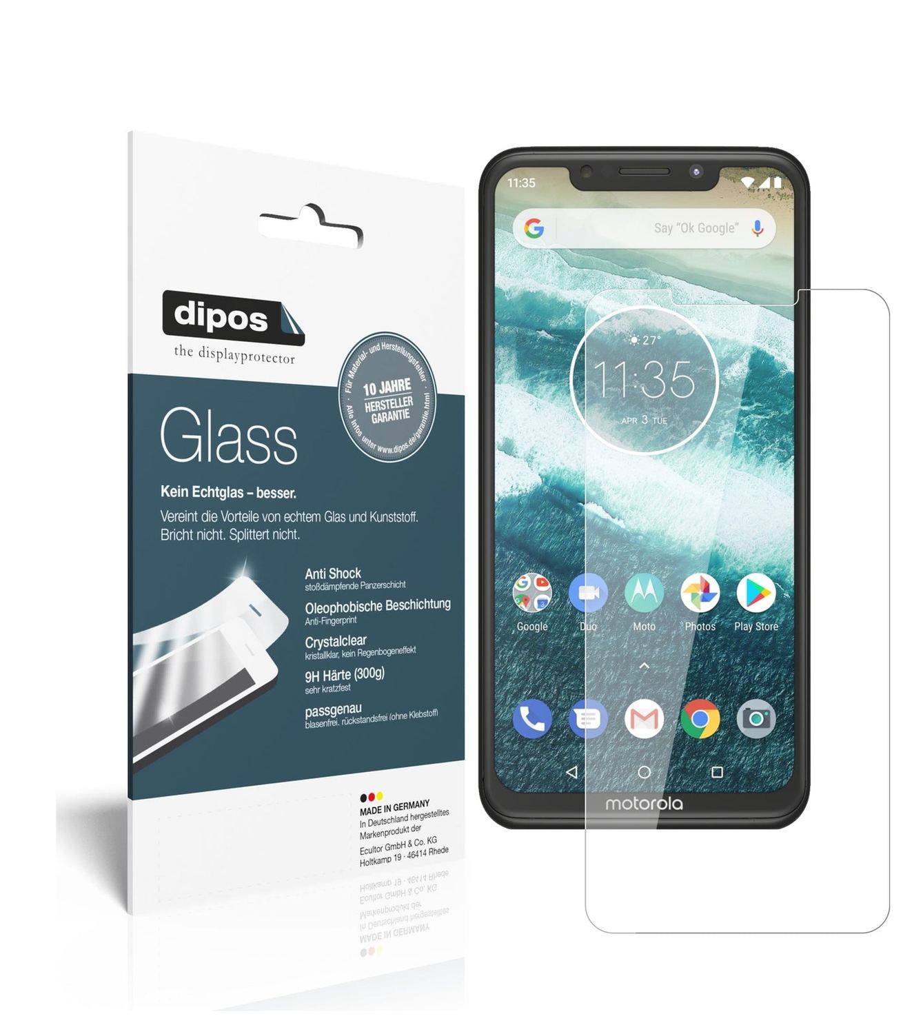 Klare Displayschutzfolie von dipos passend für Motorola One Power, 9H kratzfest und blasenfrei montiert