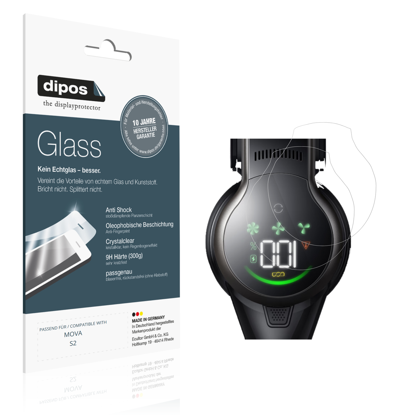 Klare Displayschutzfolie von dipos passend für MOVA S2, 9H kratzfest und blasenfrei montiert
