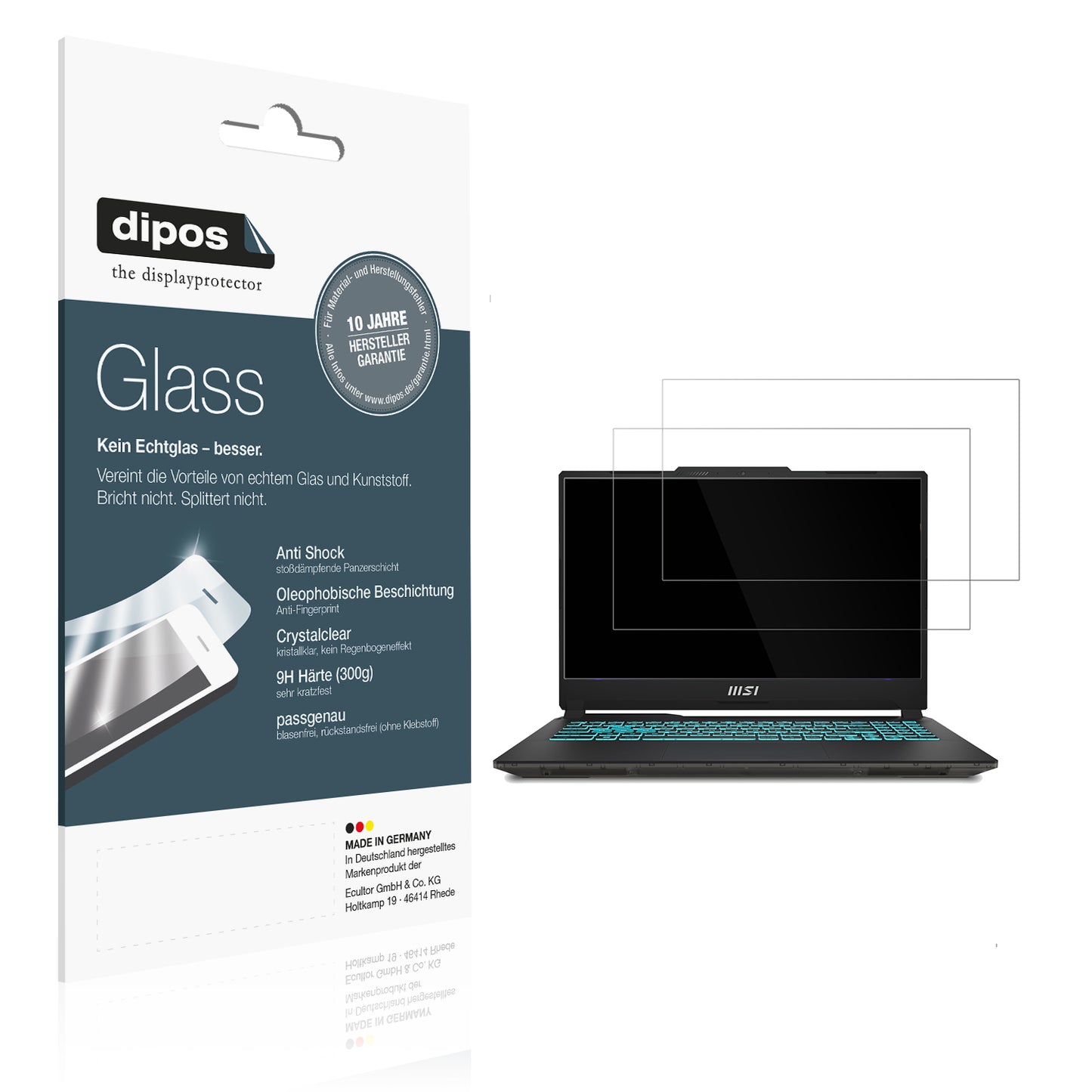 Klare Displayschutzfolie von dipos passend für MSI Cyborg 15 Gaming Laptop, 9H kratzfest und blasenfrei montiert