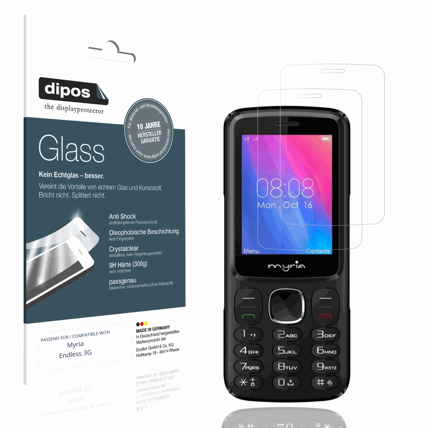 Klare Displayschutzfolie von dipos passend für Myria Endless 3G, 9H kratzfest und blasenfrei montiert
