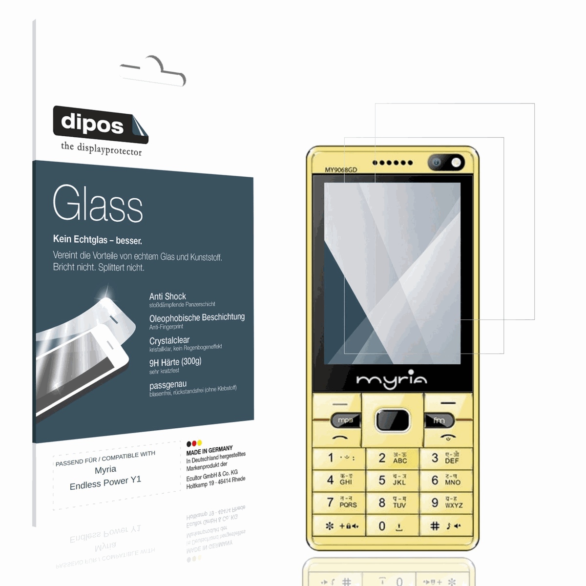 Klare Displayschutzfolie von dipos passend für Myria Endless Power Y1, 9H kratzfest und blasenfrei montiert