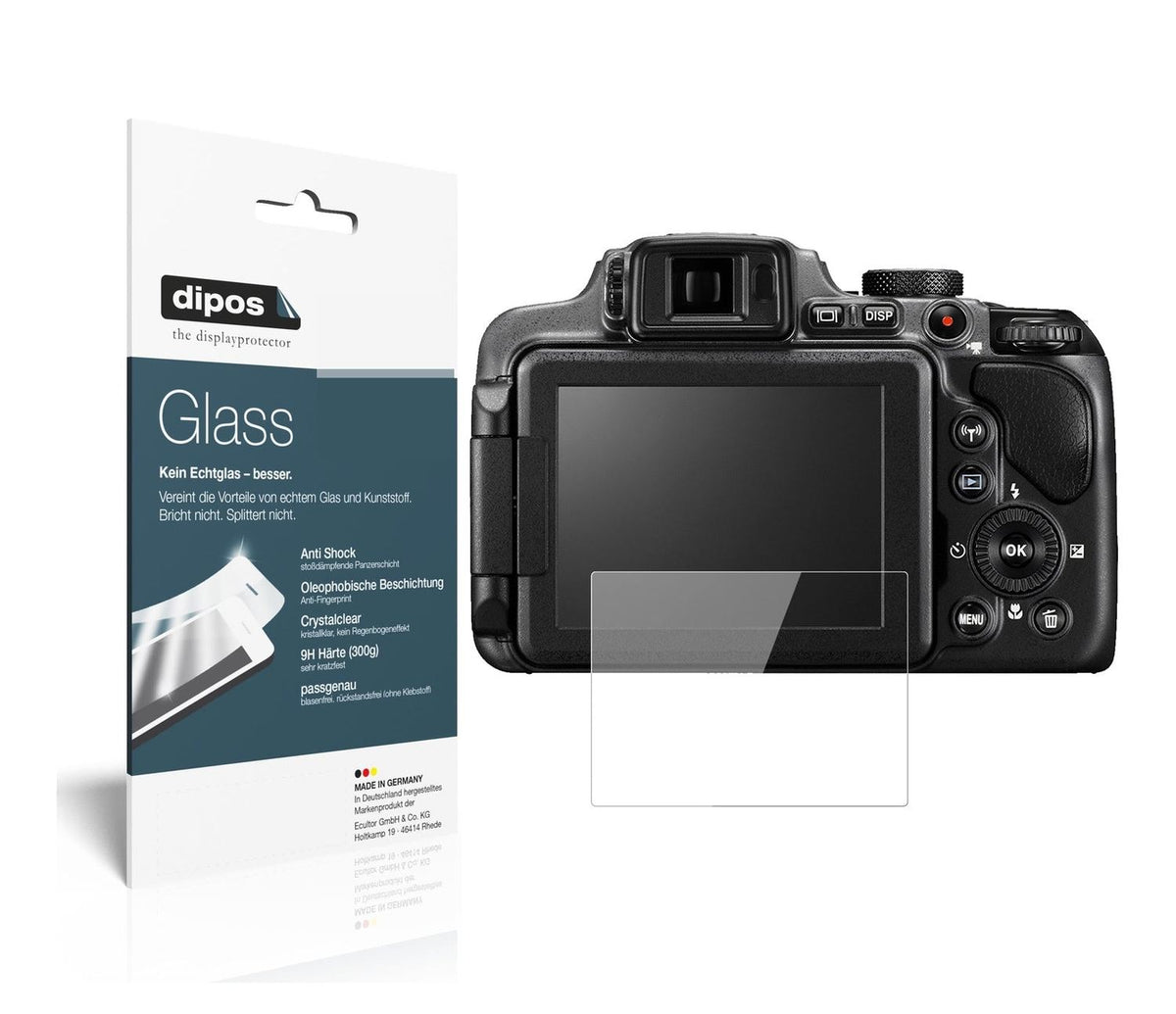 Klare Displayschutzfolie von dipos passend für Nikon Coolpix B600, 9H kratzfest und blasenfrei montiert