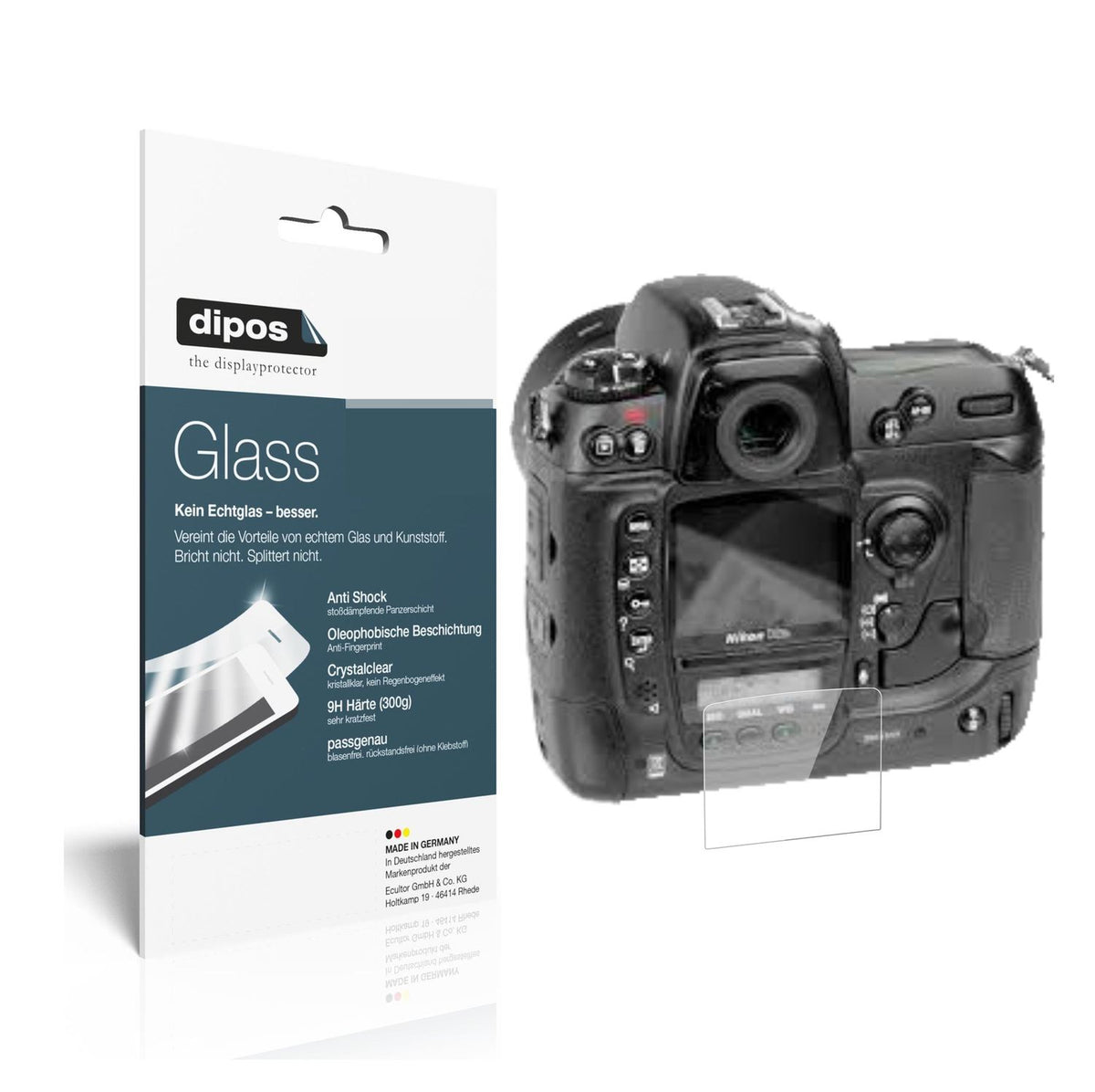 Klare Displayschutzfolie von dipos passend für Nikon D2Hs, 9H kratzfest und blasenfrei montiert