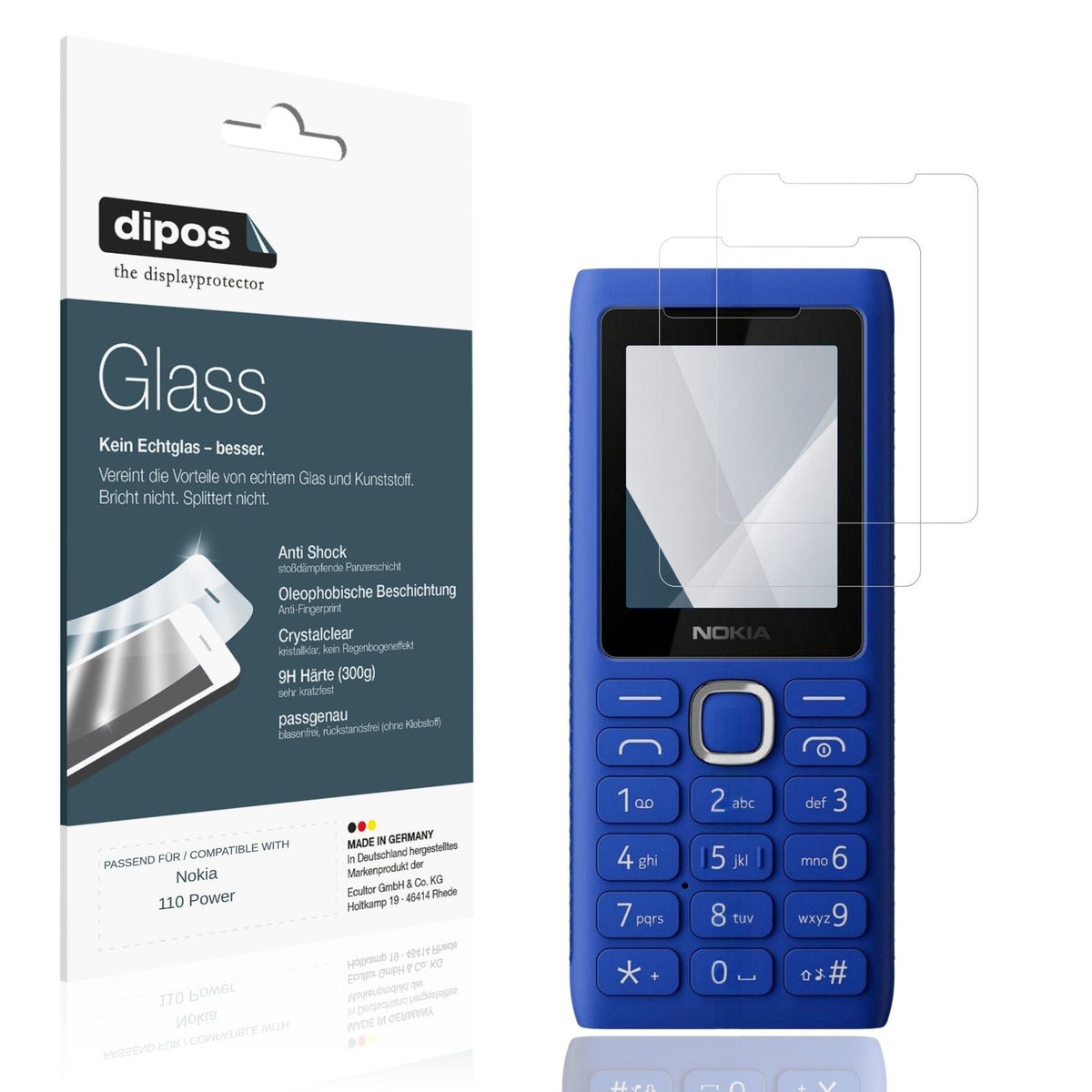 Klare Displayschutzfolie von dipos passend für Nokia 110 Power, 9H kratzfest und blasenfrei montiert