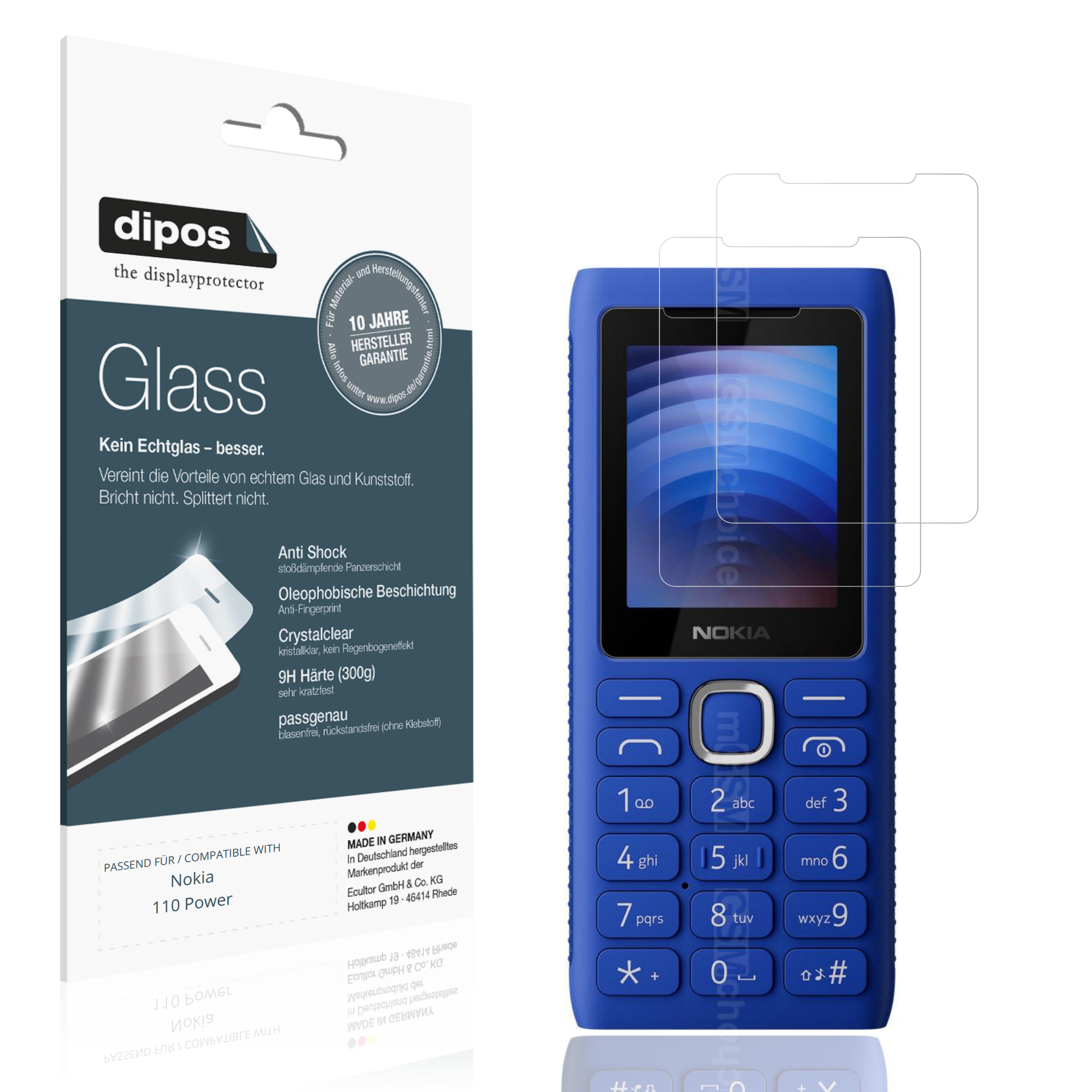 Klare Displayschutzfolie von dipos passend für Nokia 110 Power, 9H kratzfest und blasenfrei montiert