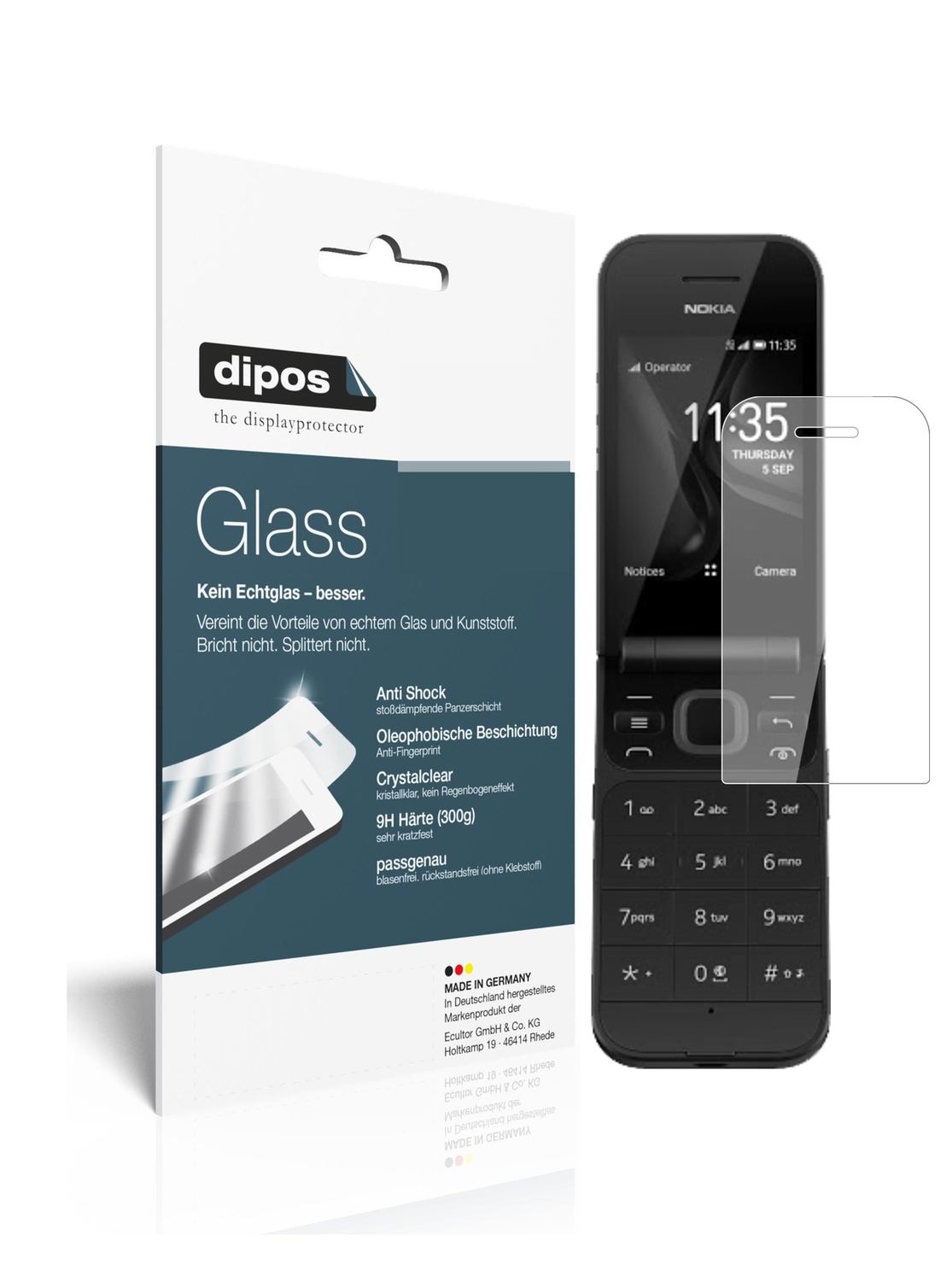 Klare Displayschutzfolie von dipos passend für Nokia 2720 Flip, 9H kratzfest und blasenfrei montiert