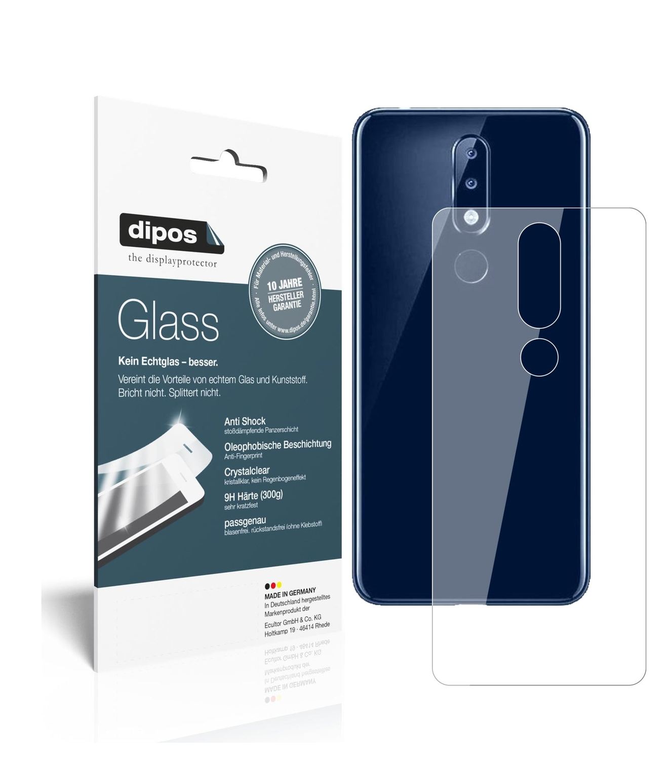 Klare Displayschutzfolie von dipos passend für Nokia 5.1 Plus Rückseite, 9H kratzfest und blasenfrei montiert