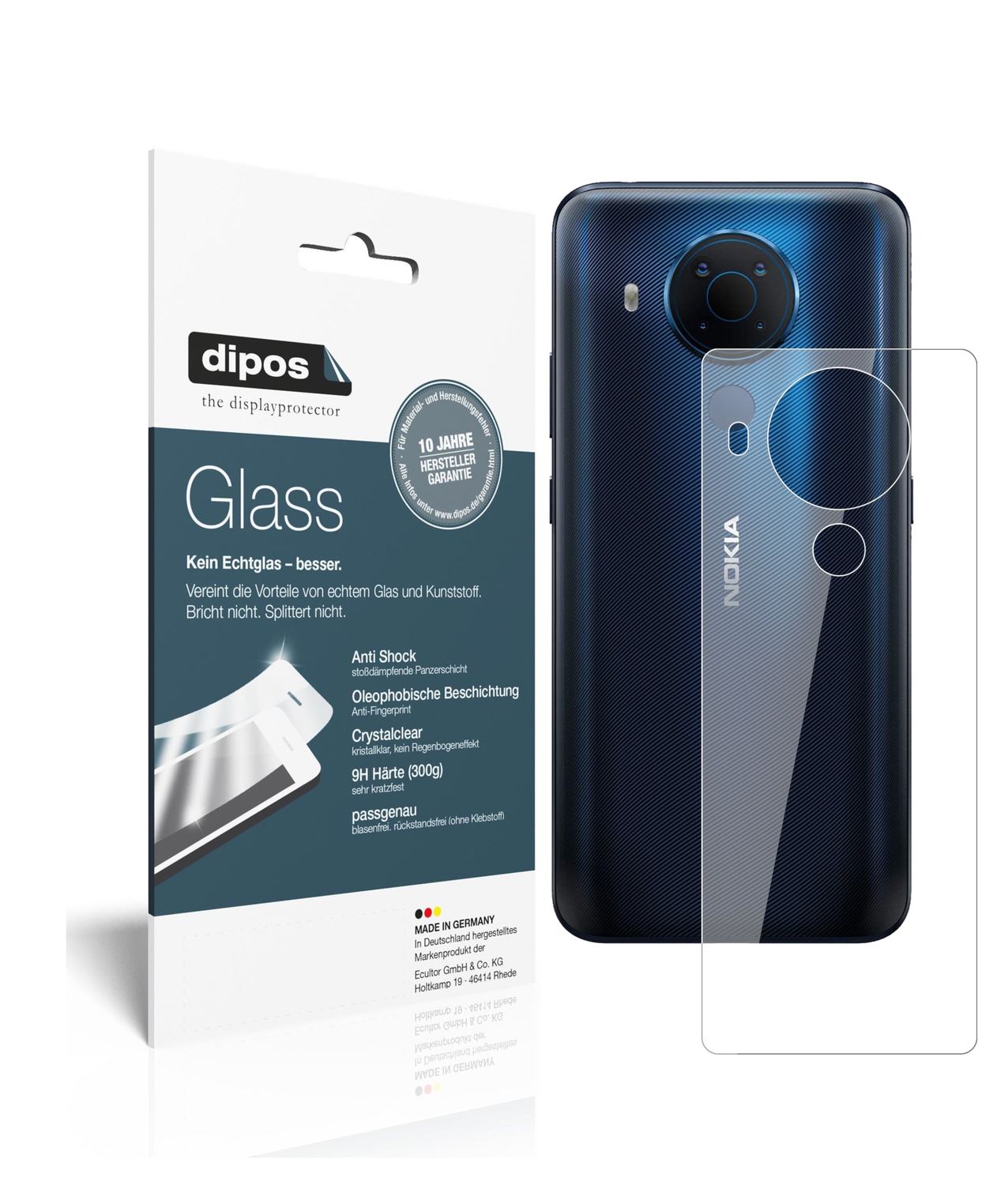 Klare Displayschutzfolie von dipos passend für Nokia 5.4 Rückseite, 9H kratzfest und blasenfrei montiert