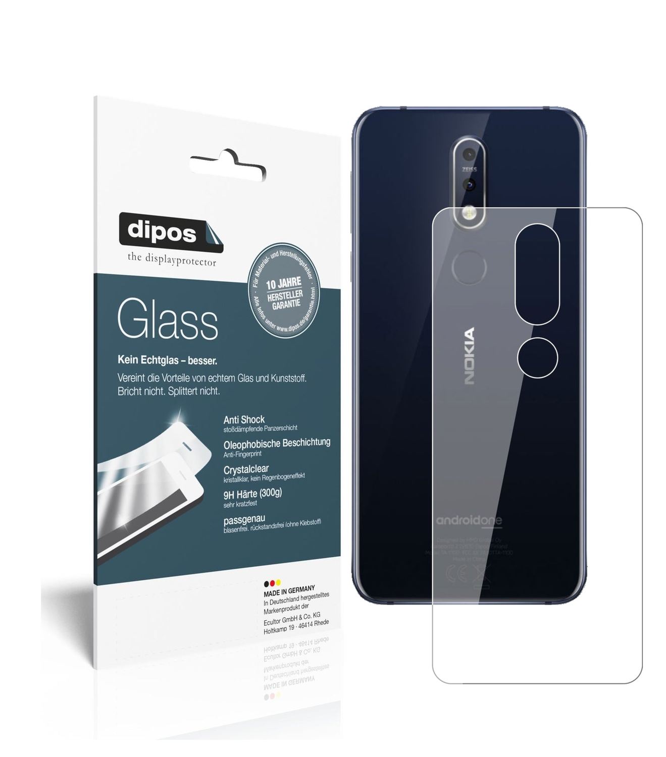 Klare Displayschutzfolie von dipos passend für Nokia 7.1 Rückseite, 9H kratzfest und blasenfrei montiert