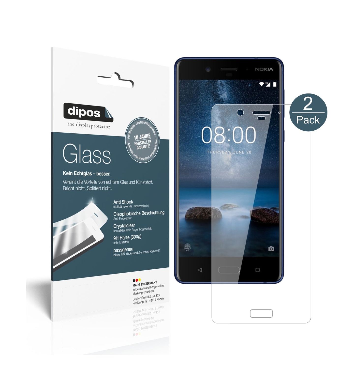 Klare Displayschutzfolie von dipos passend für Nokia 8, 9H kratzfest und blasenfrei montiert