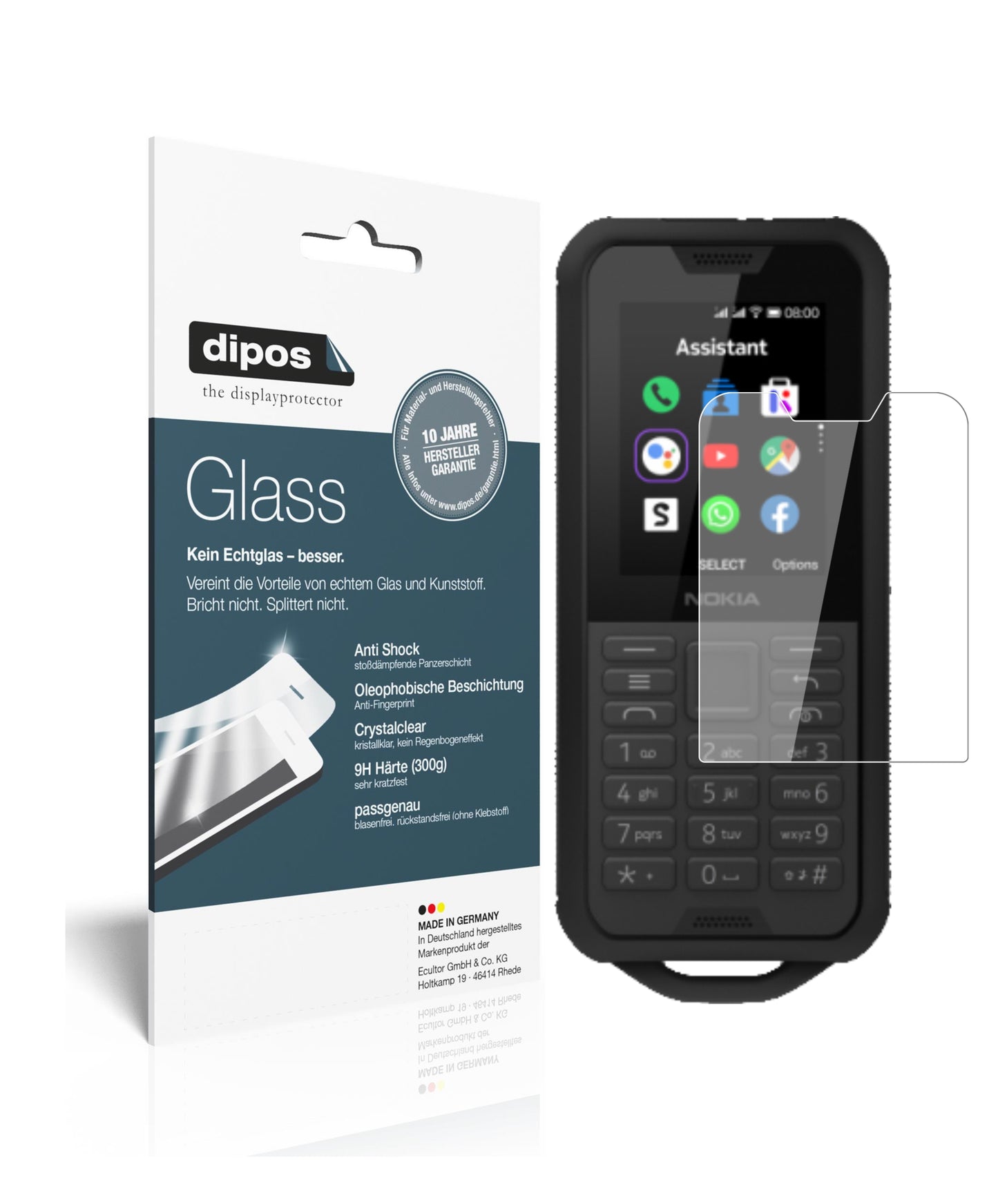 Klare Displayschutzfolie von dipos passend für Nokia 800 Tough, 9H kratzfest und blasenfrei montiert
