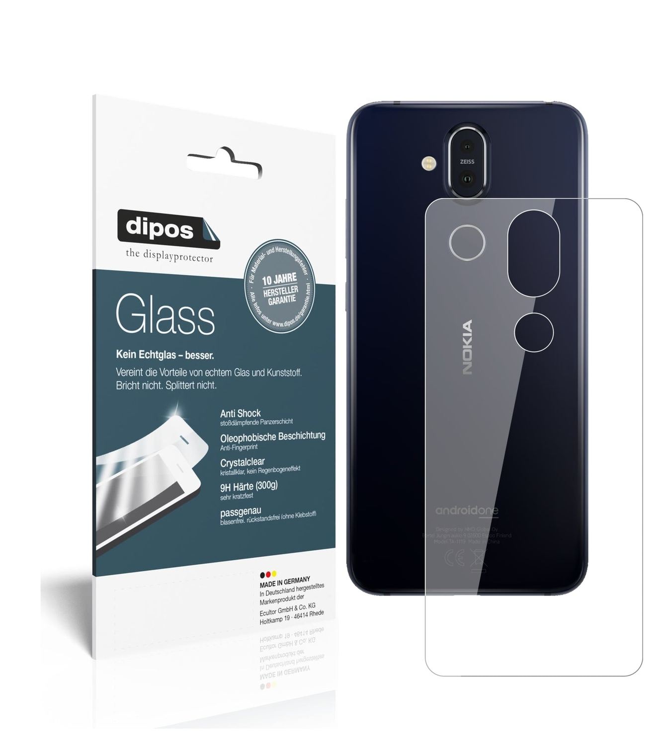 Klare Displayschutzfolie von dipos passend für Nokia 8.1 Rückseite, 9H kratzfest und blasenfrei montiert