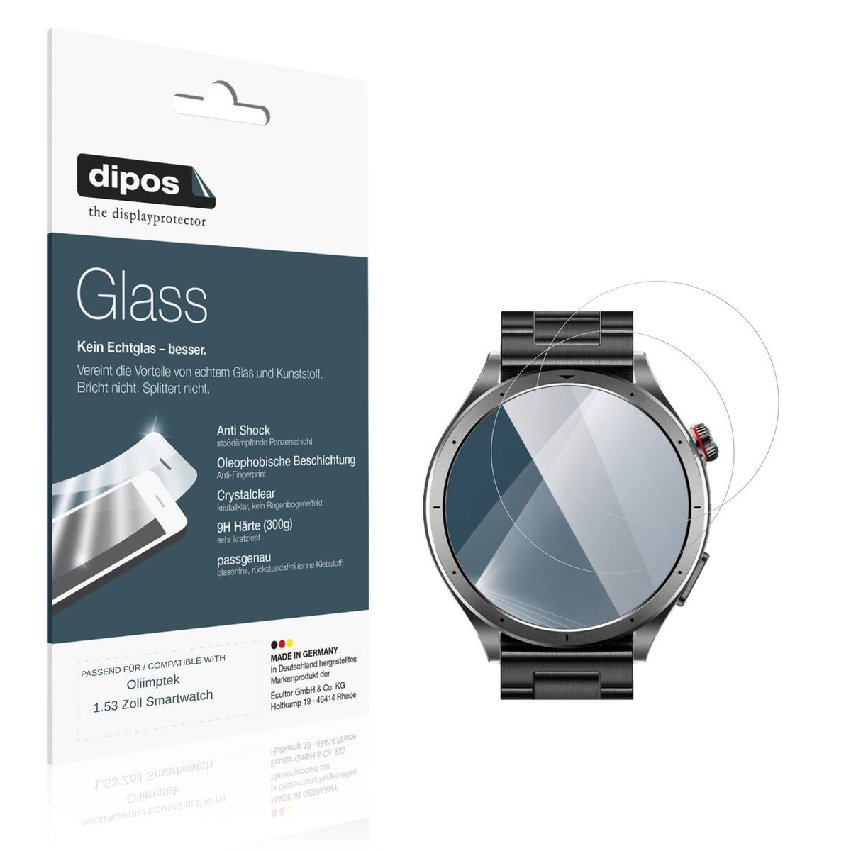 Klare Displayschutzfolie von dipos passend für Oliimptek 1.53 Zoll Smartwatch, 9H kratzfest und blasenfrei montiert