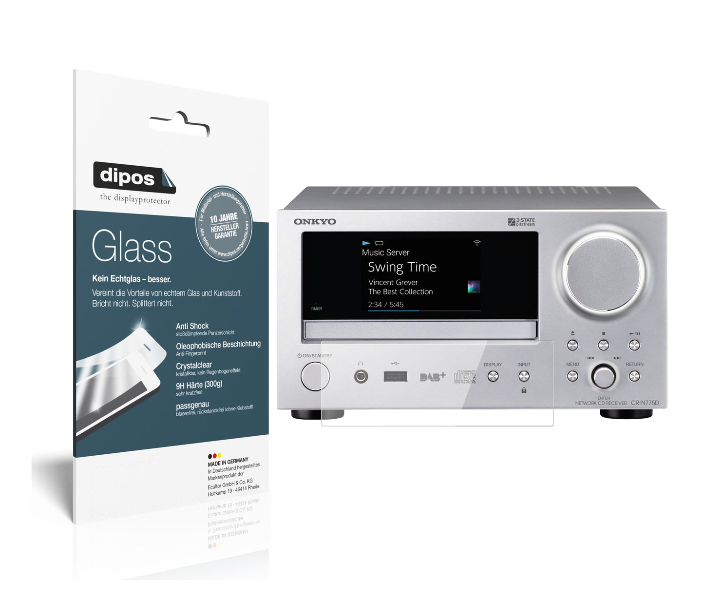 Klare Displayschutzfolie von dipos passend für Onkyo CR-N775D, 9H kratzfest und blasenfrei montiert