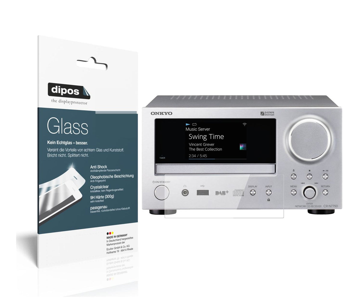 Klare Displayschutzfolie von dipos passend für Onkyo CR-N775D, 9H kratzfest und blasenfrei montiert