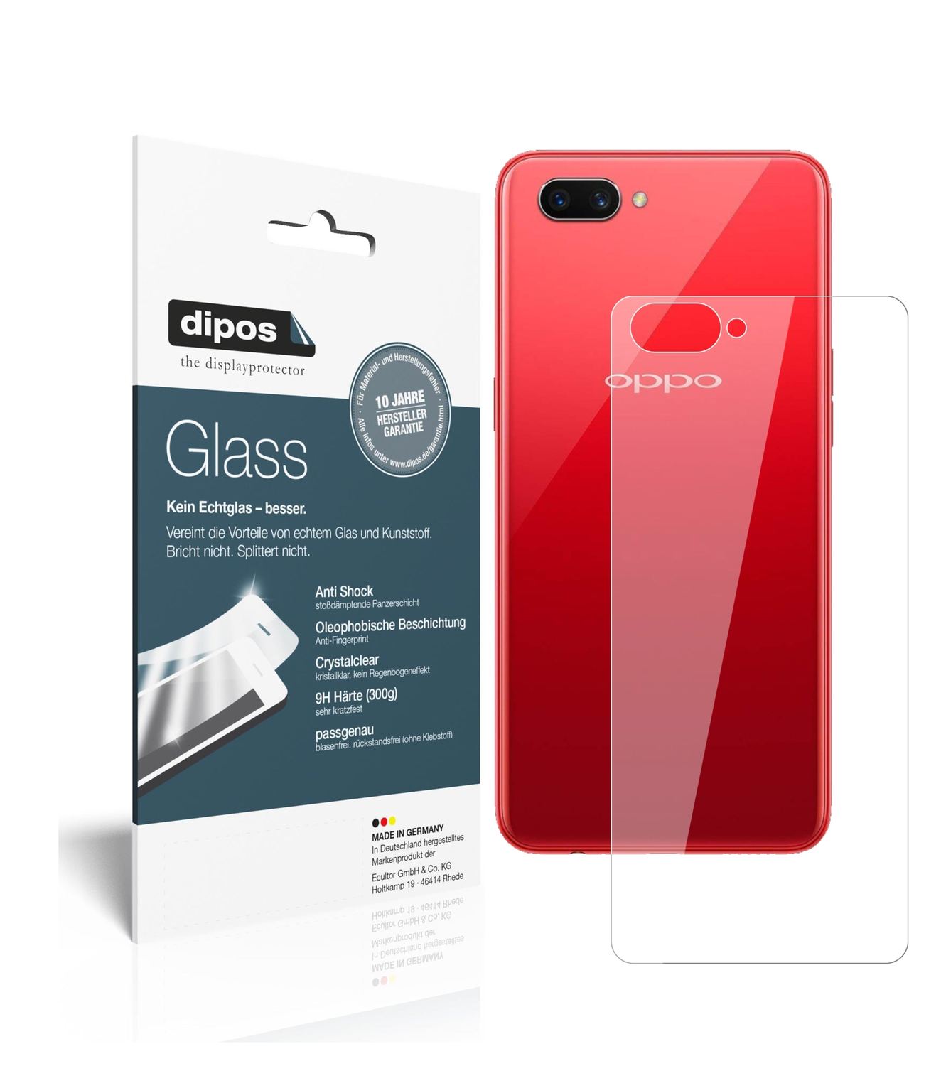 Klare Displayschutzfolie von dipos passend für OPPO A3S Rückseite, 9H kratzfest und blasenfrei montiert