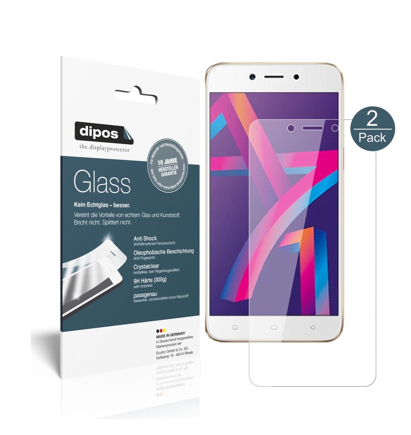 Klare Displayschutzfolie von dipos passend für Oppo A71 2018, 9H kratzfest und blasenfrei montiert