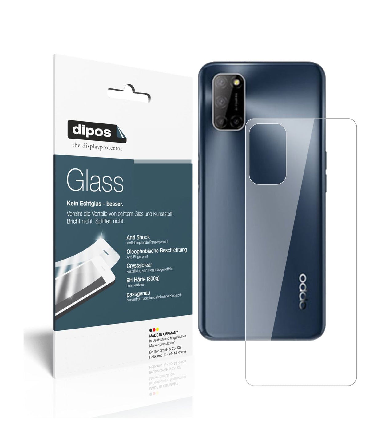 Klare Displayschutzfolie von dipos passend für Oppo A52 Rückseite, 9H kratzfest und blasenfrei montiert