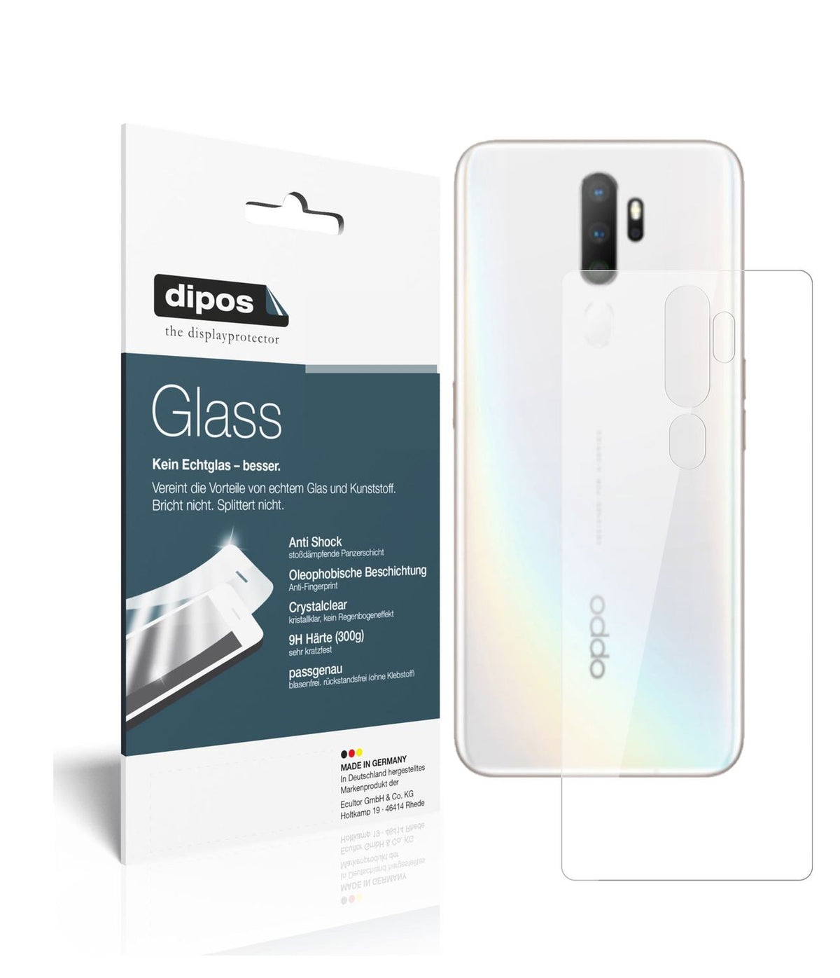 Klare Displayschutzfolie von dipos passend für Oppo A5 (2020) Rückseite, 9H kratzfest und blasenfrei montiert