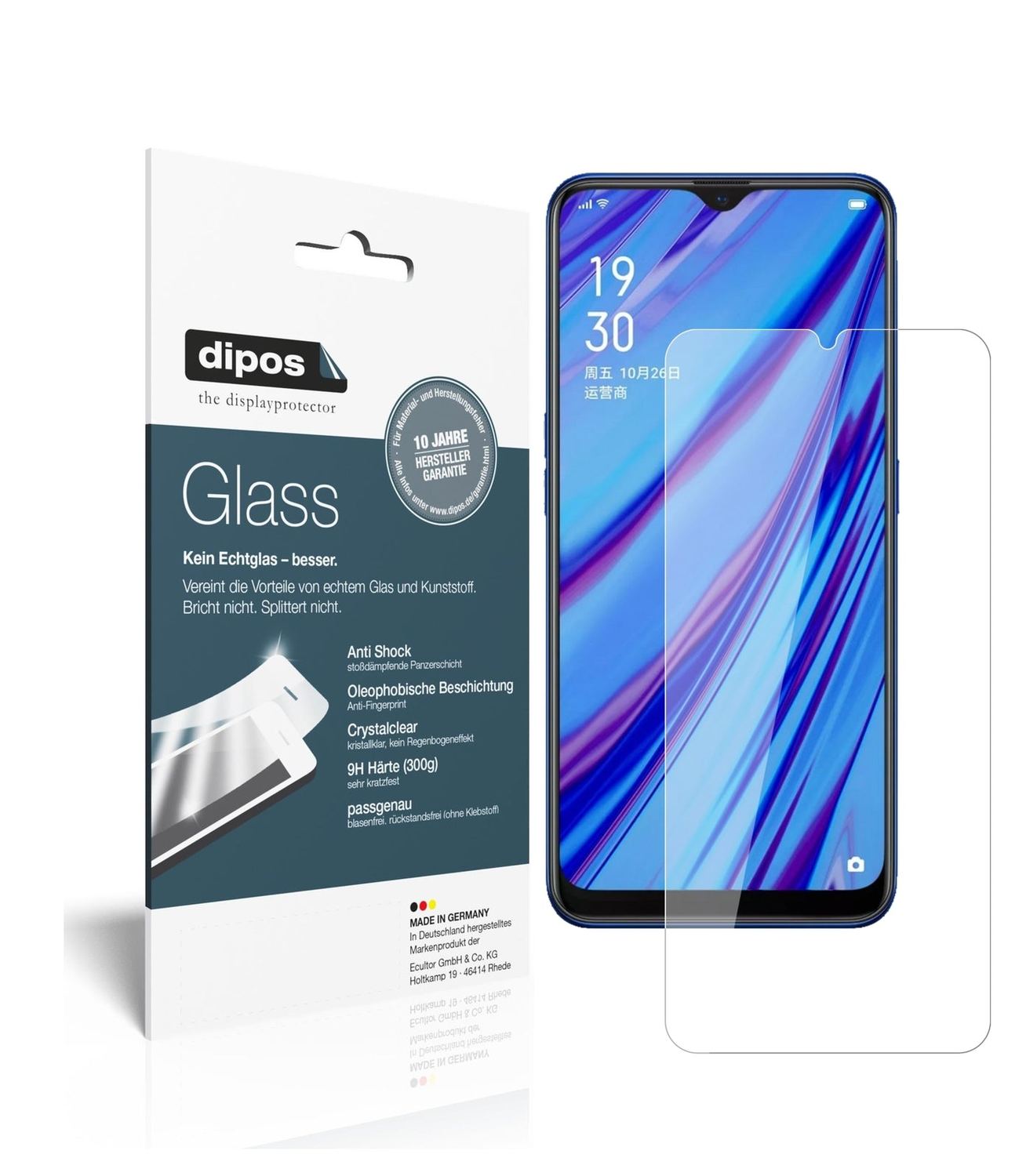 Klare Displayschutzfolie von dipos passend für Oppo A9, 9H kratzfest und blasenfrei montiert