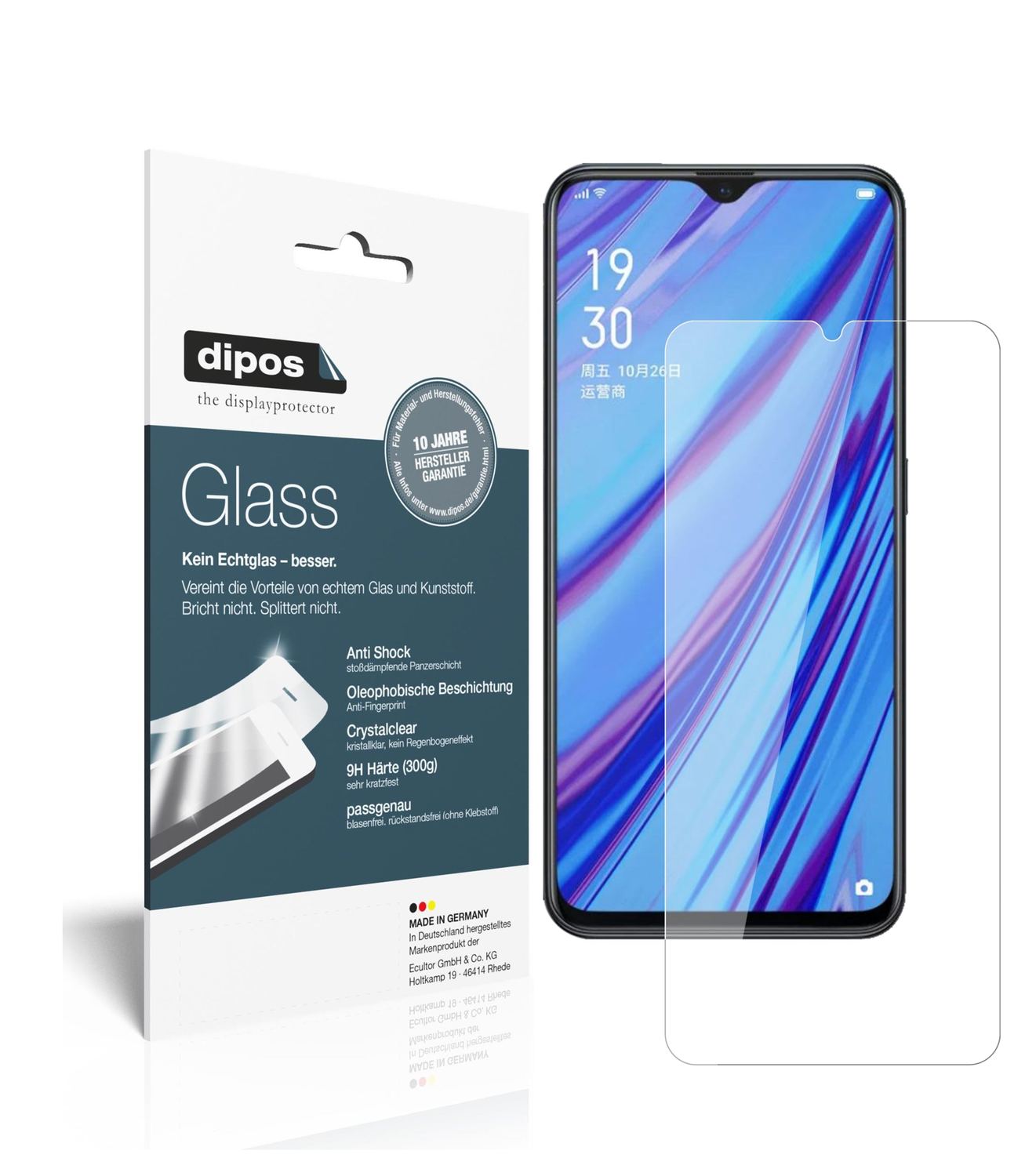 Klare Displayschutzfolie von dipos passend für Oppo A9x, 9H kratzfest und blasenfrei montiert