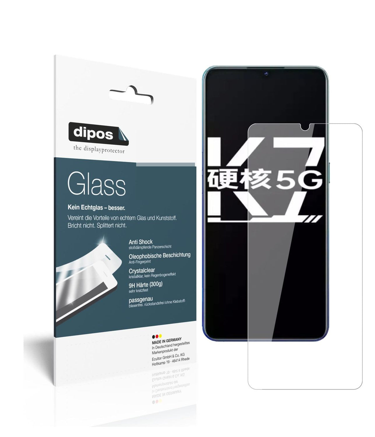 Klare Displayschutzfolie von dipos passend für Oppo K7 5G, 9H kratzfest und blasenfrei montiert