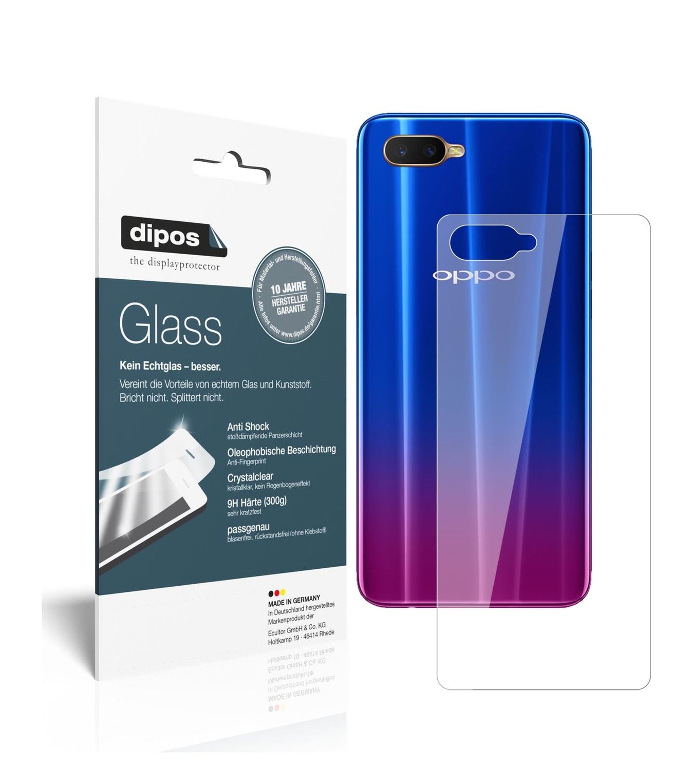 Klare Displayschutzfolie von dipos passend für Oppo K1 Rückseite, 9H kratzfest und blasenfrei montiert
