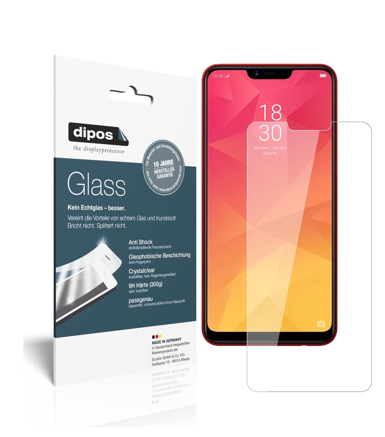Klare Displayschutzfolie von dipos passend für Oppo Realme 2, 9H kratzfest und blasenfrei montiert