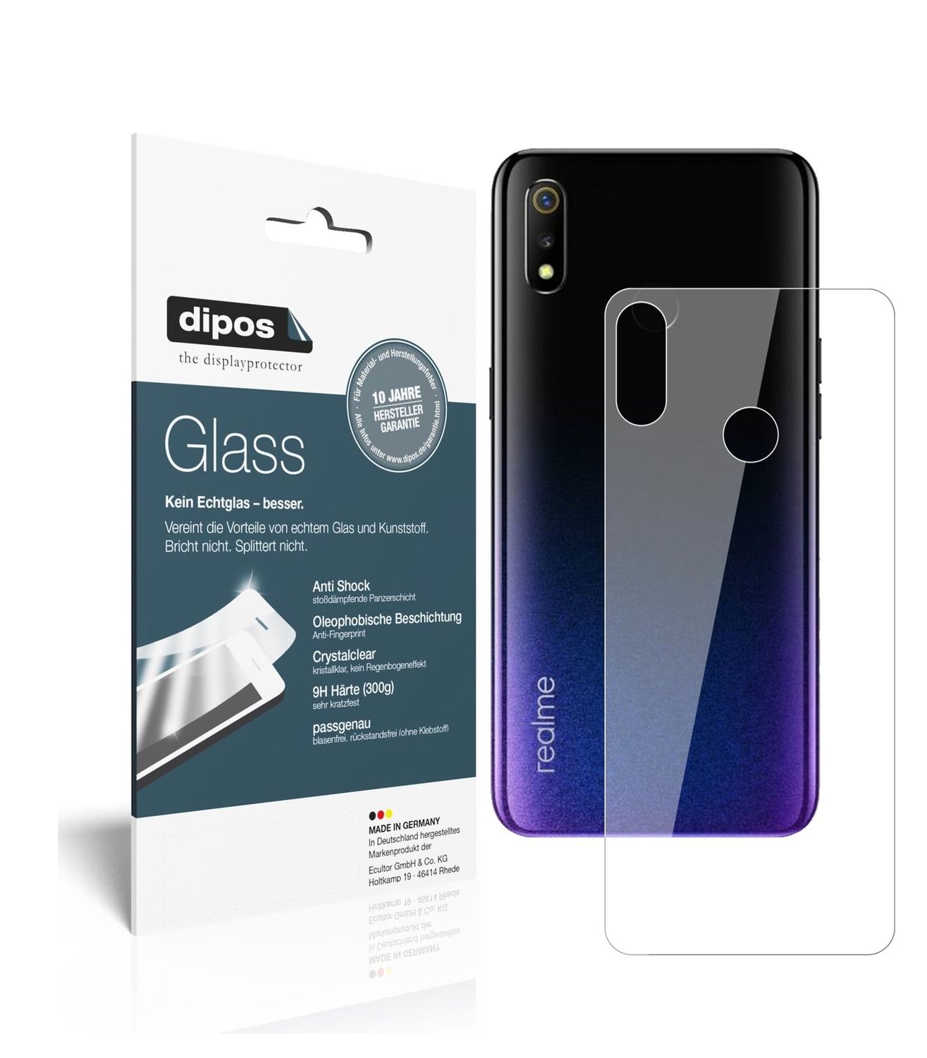 Klare Displayschutzfolie von dipos passend für Oppo Realme 3 Rückseite, 9H kratzfest und blasenfrei montiert