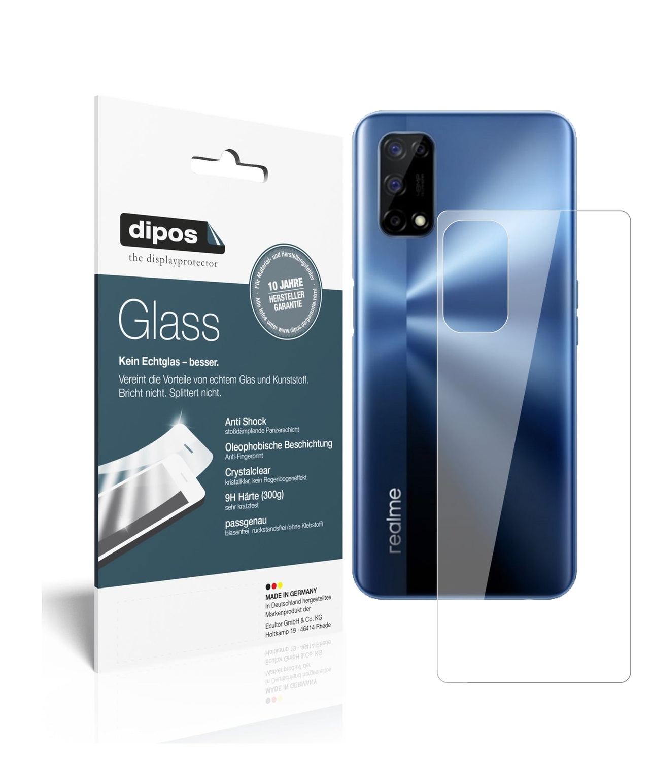 Klare Displayschutzfolie von dipos passend für Oppo Realme V5 5G Rückseite, 9H kratzfest und blasenfrei montiert