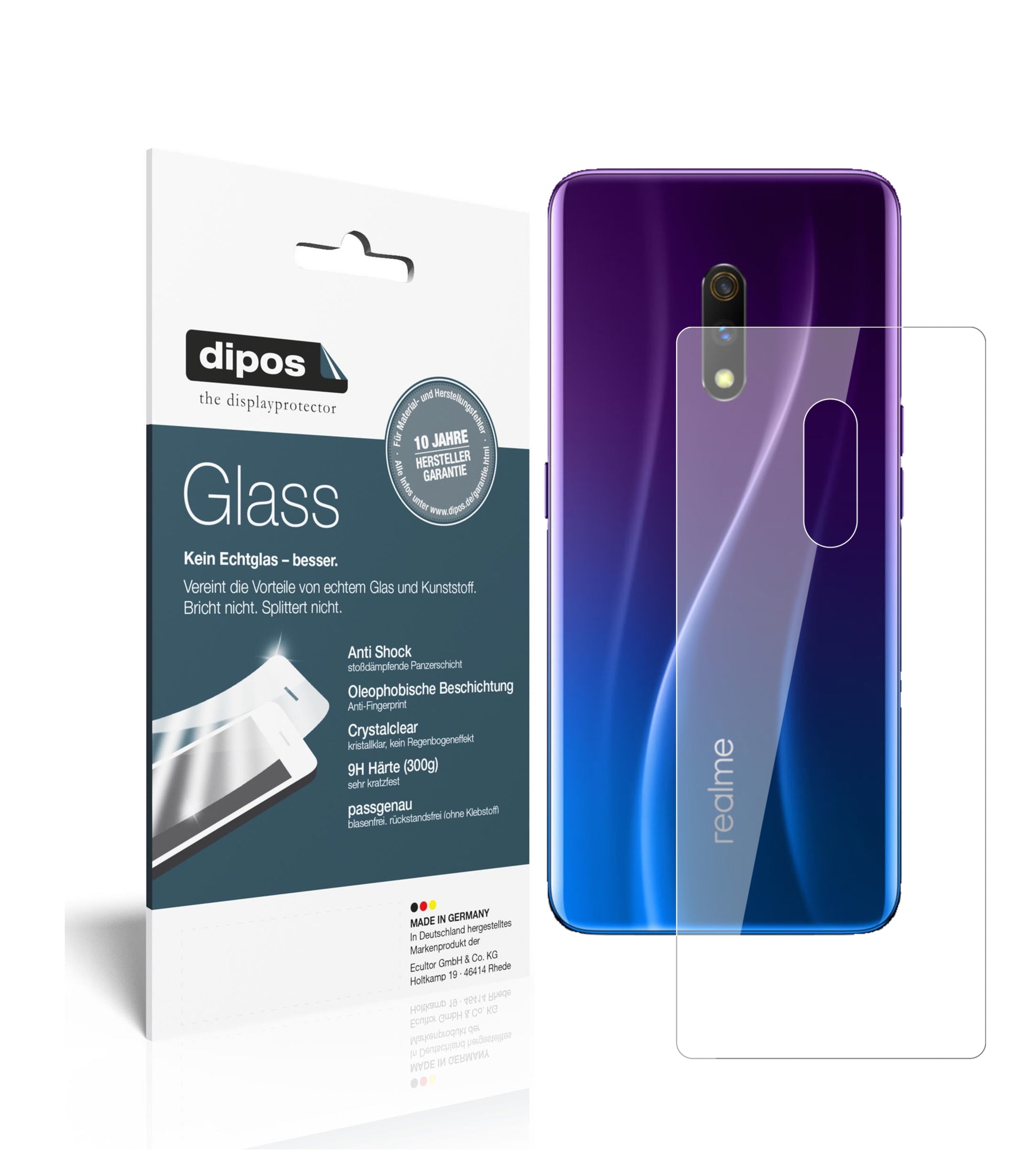 Klare Displayschutzfolie von dipos passend für Oppo Realme X Master Edition Rückseite, 9H kratzfest und blasenfrei montiert