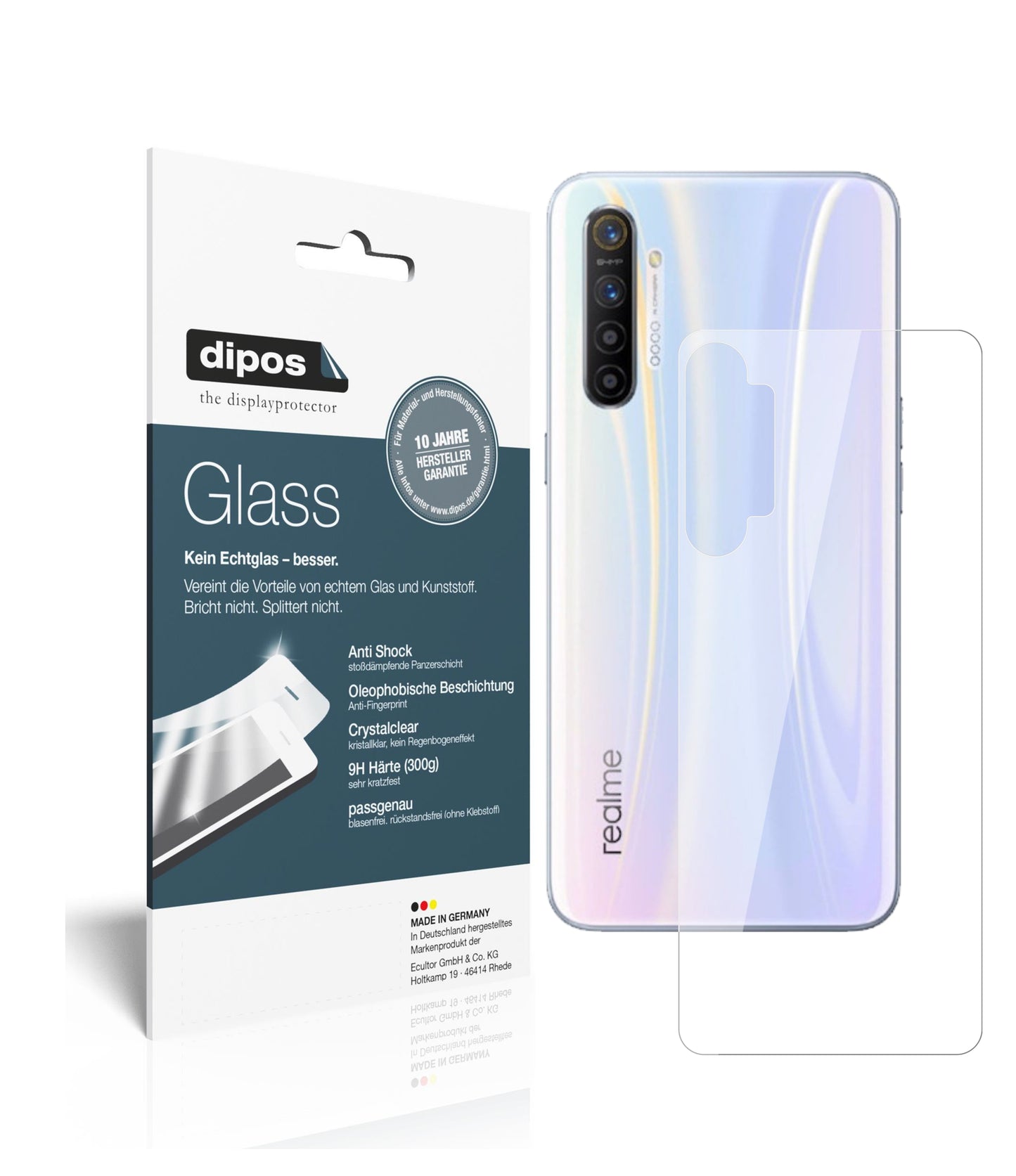Klare Displayschutzfolie von dipos passend für Oppo Realme XT Rückseite, 9H kratzfest und blasenfrei montiert