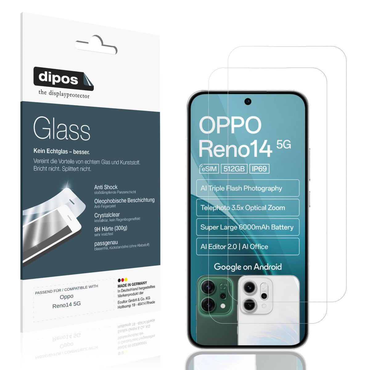 Klare Displayschutzfolie von dipos passend für Oppo Reno14 5G, 9H kratzfest und blasenfrei montiert
