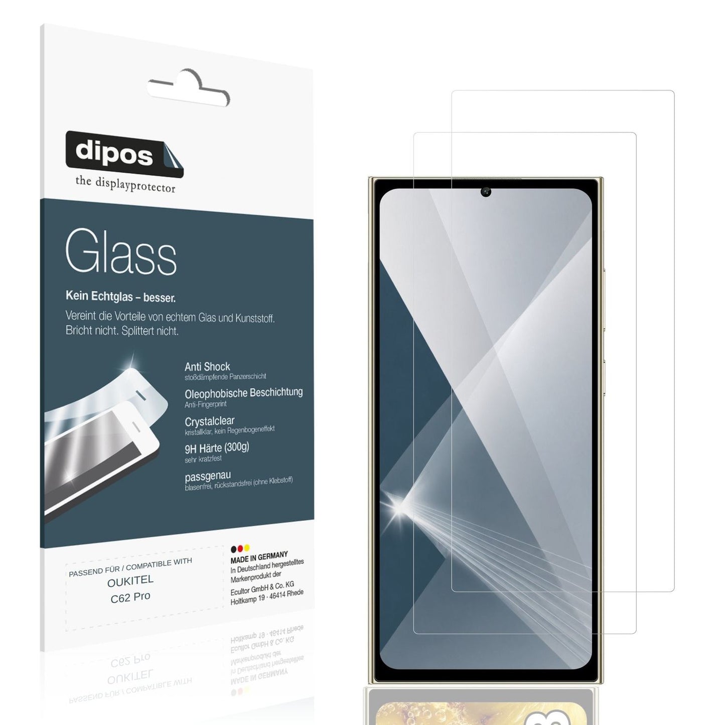 Klare Displayschutzfolie von dipos passend für OUKITEL C62 Pro, 9H kratzfest und blasenfrei montiert