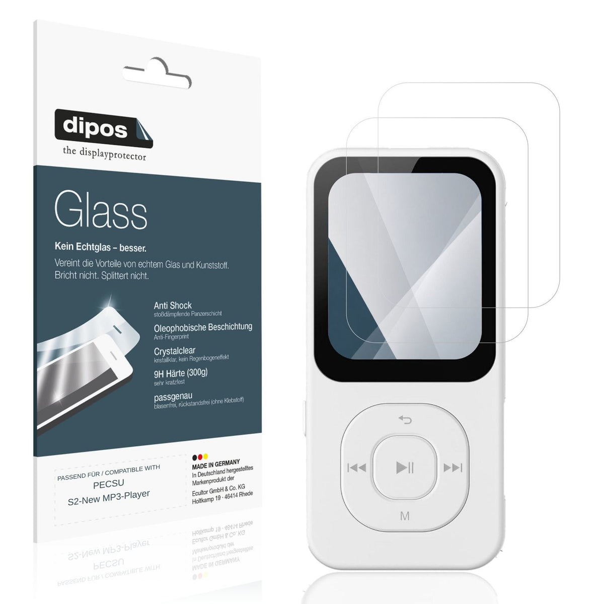Klare Displayschutzfolie von dipos passend für PECSU S2-New MP3-Player, 9H kratzfest und blasenfrei montiert